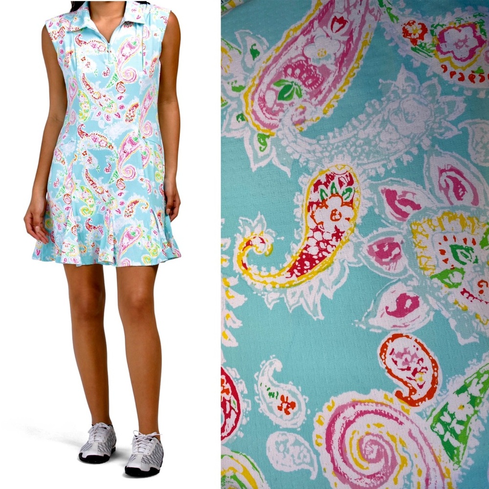 ❄️ IBKUL Sleeveless 1/4 Zip Polo Neck Dress Sharon Paisley Light Blue White XL
